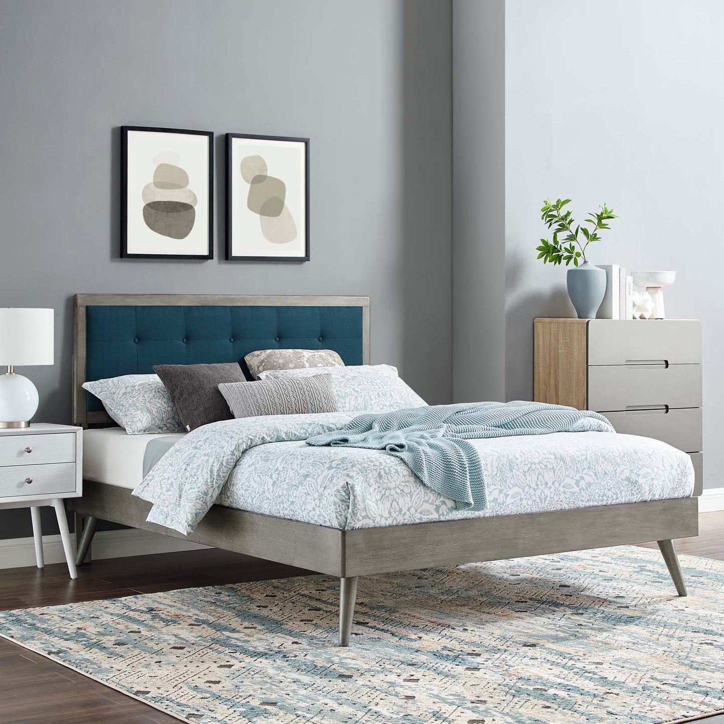 Willow Twin Wood Platform Bed With Splayed Legs, Wood, Grey Gray Navy Blue, 22463