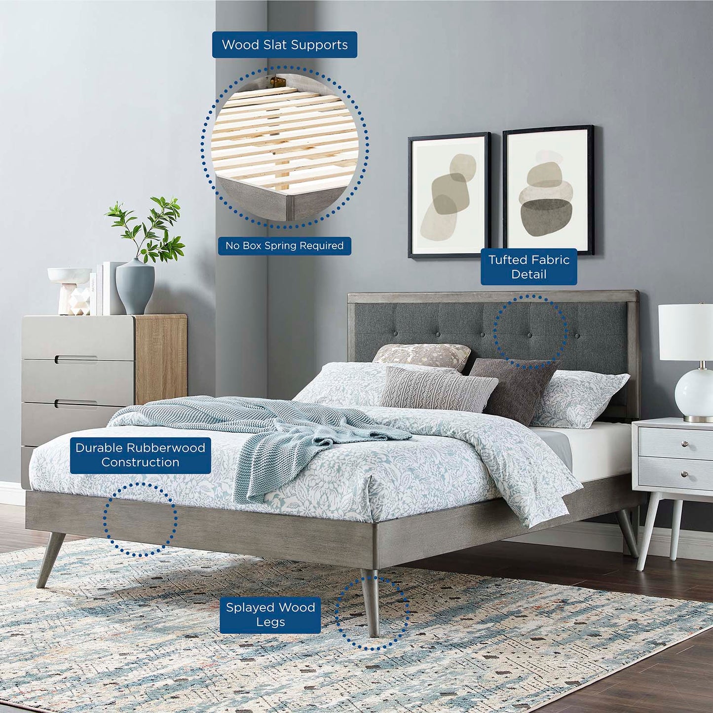 Willow Twin Wood Platform Bed With Splayed Legs, Wood, Grey Gray, 22464
