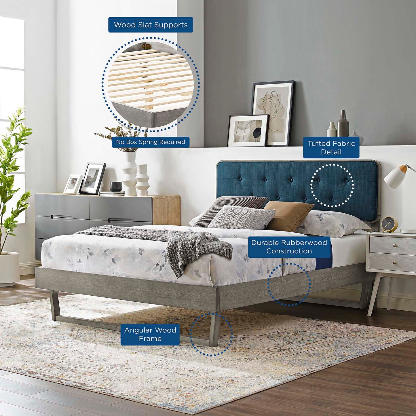 Bridgette Full Wood Platform Bed With Angular Frame, Wood, Grey Gray Navy Blue, 22469