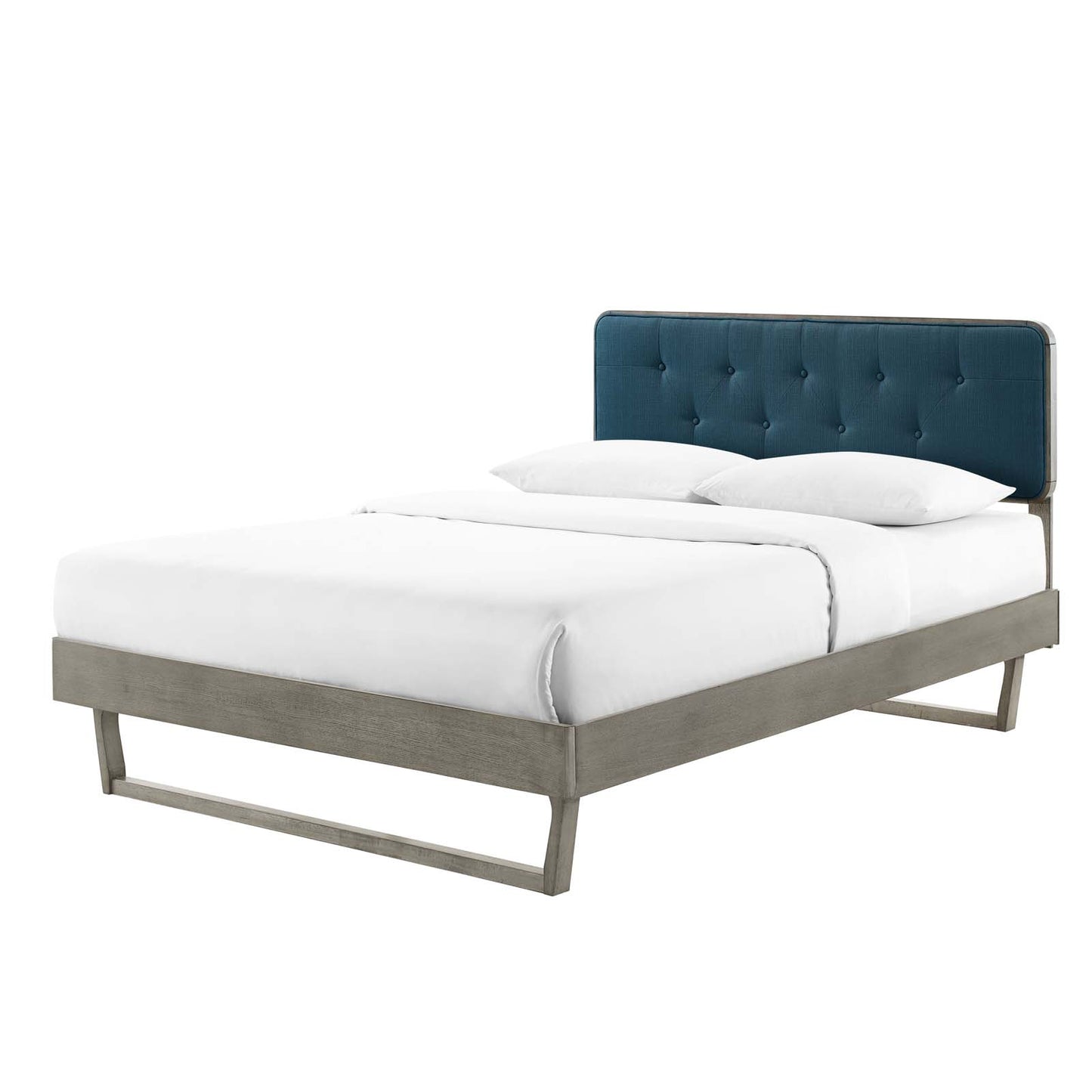 Bridgette Full Wood Platform Bed With Angular Frame, Wood, Grey Gray Navy Blue, 22469