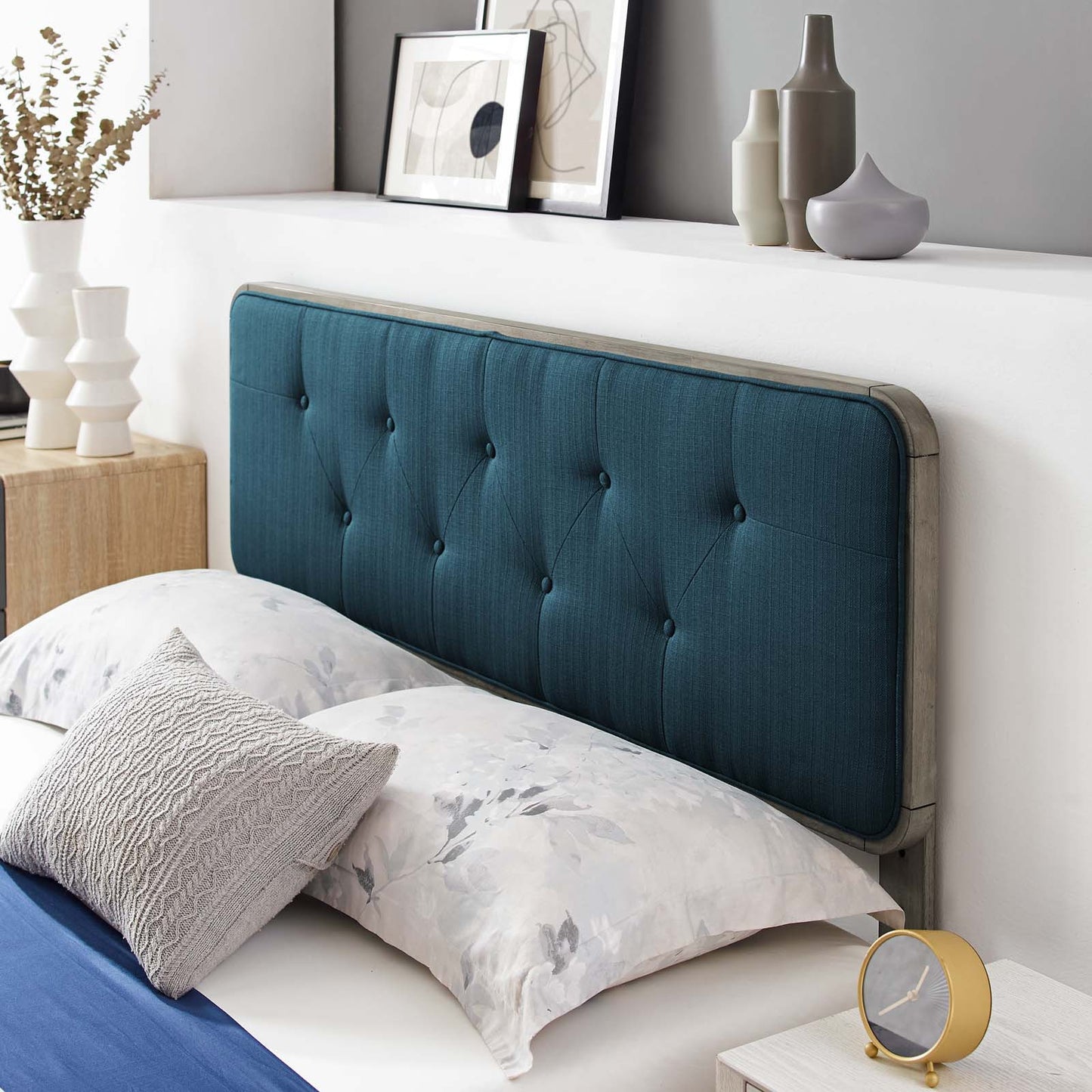 Bridgette King Wood Platform Bed With Angular Frame, Wood, Grey Gray Navy Blue, 22475