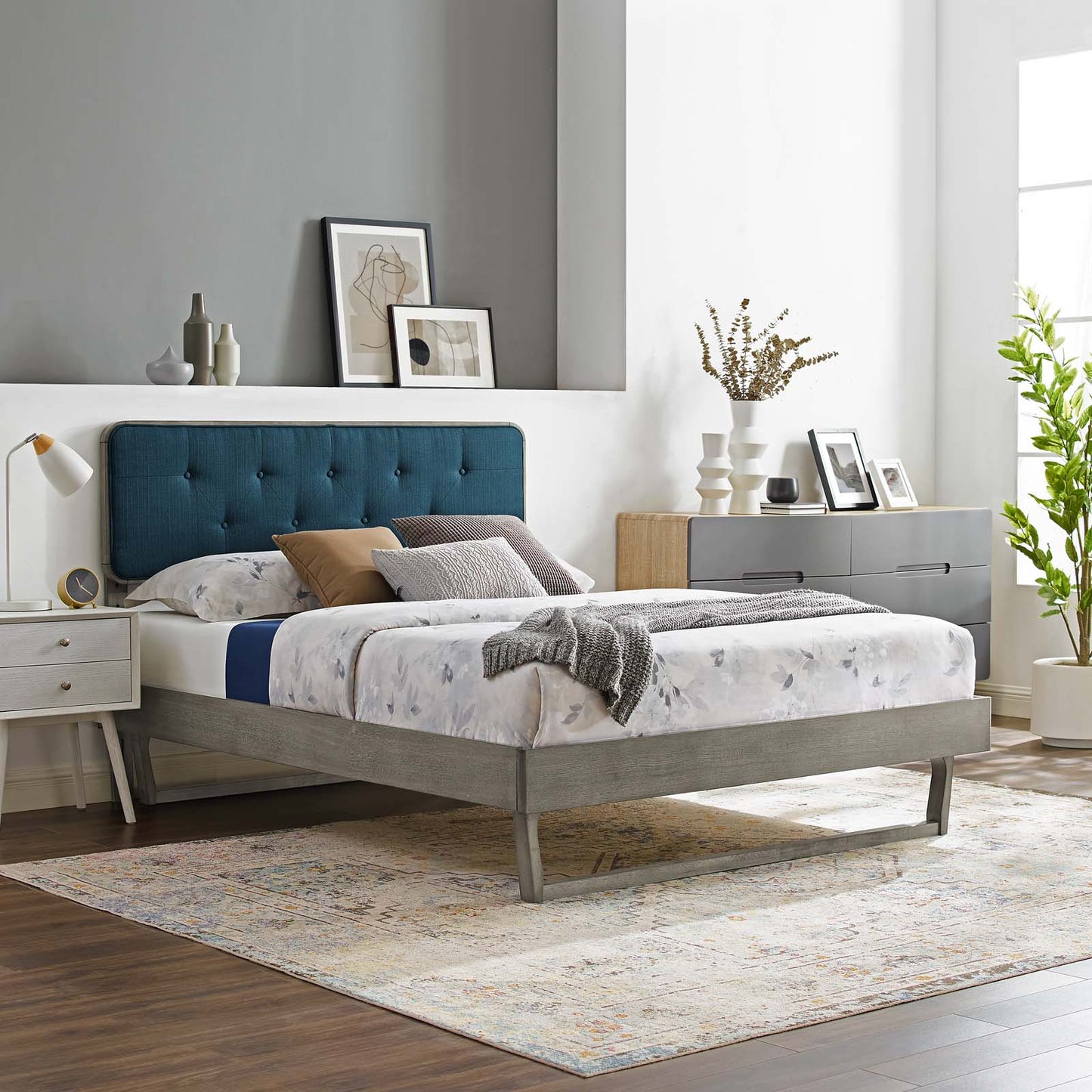 Bridgette King Wood Platform Bed With Angular Frame, Wood, Grey Gray Navy Blue, 22475