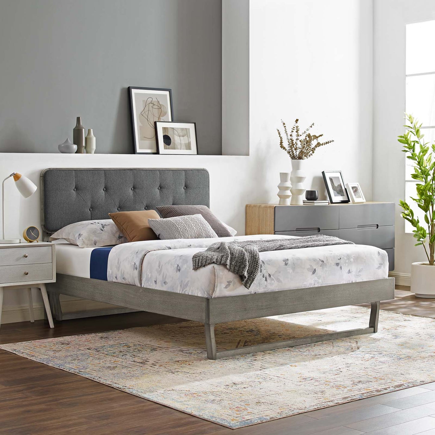 Bridgette King Wood Platform Bed With Angular Frame, Wood, Grey Gray, 22476