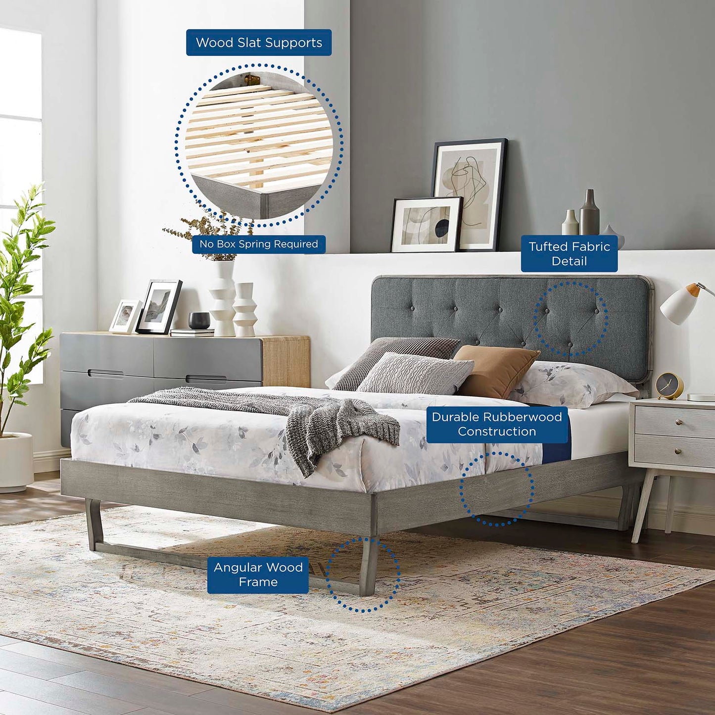 Bridgette Twin Wood Platform Bed With Angular Frame, Wood, Grey Gray, 22482