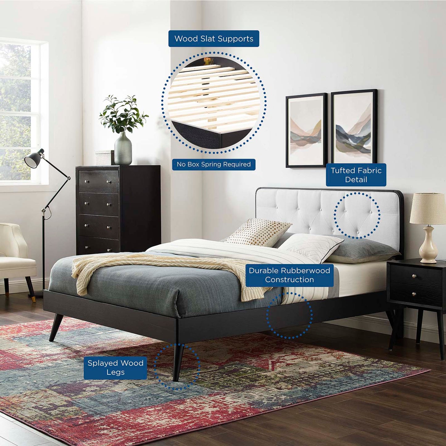 Bridgette Full Wood Platform Bed With Splayed Legs, Wood, Black White, 22486
