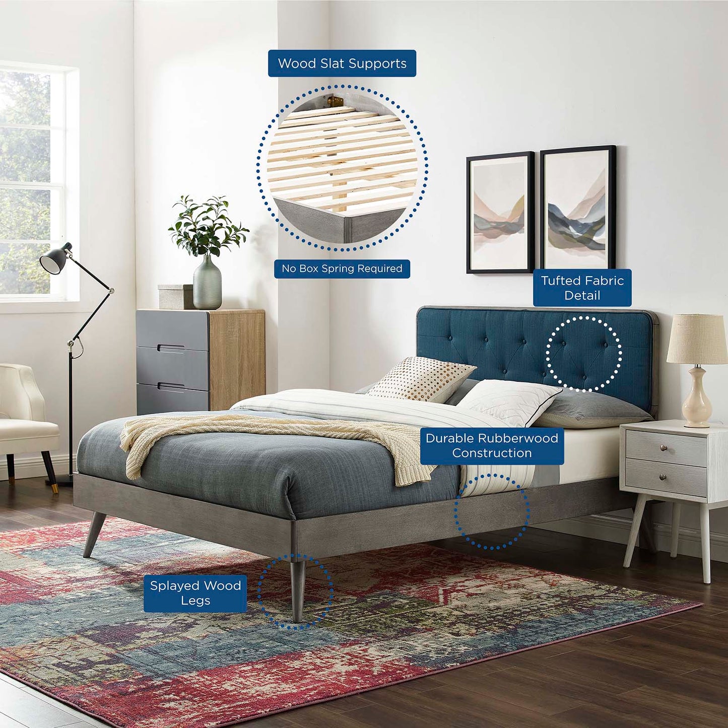 Bridgette Full Wood Platform Bed With Splayed Legs, Wood, Grey Gray Navy Blue, 22487