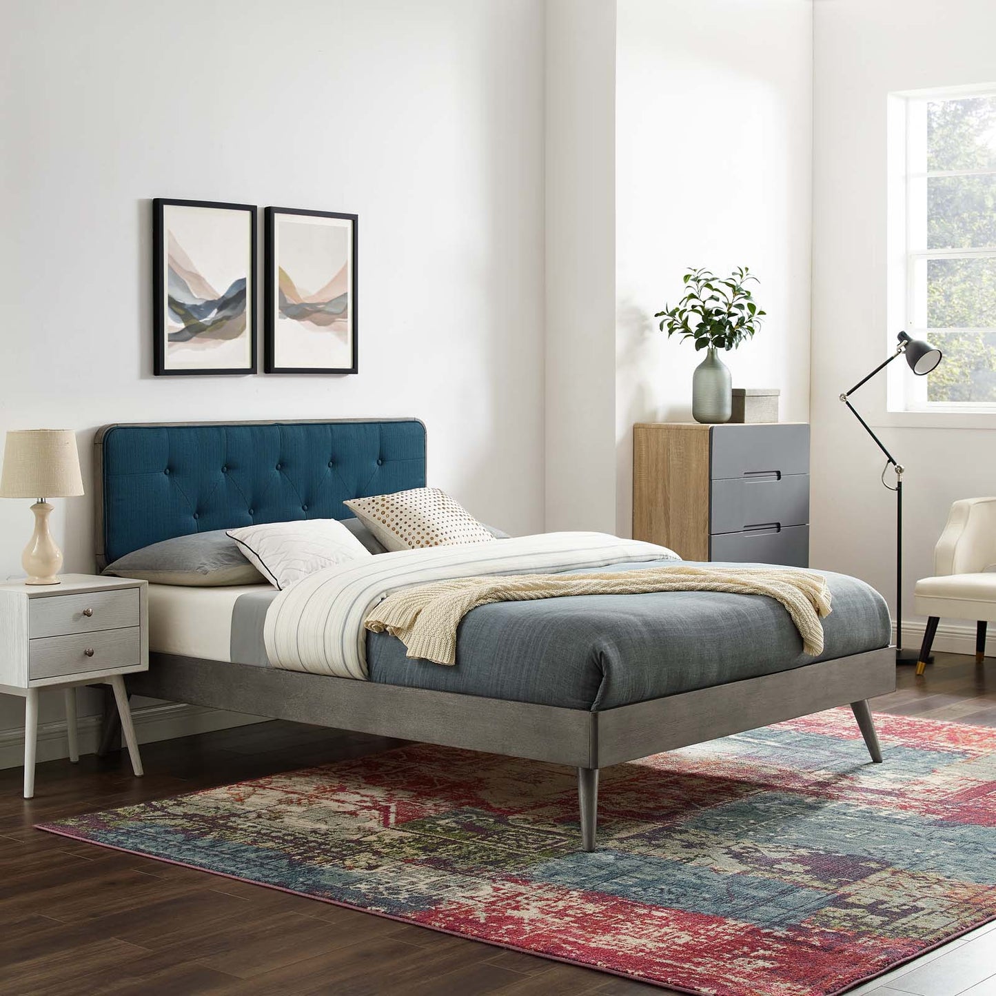 Bridgette Full Wood Platform Bed With Splayed Legs, Wood, Grey Gray Navy Blue, 22487