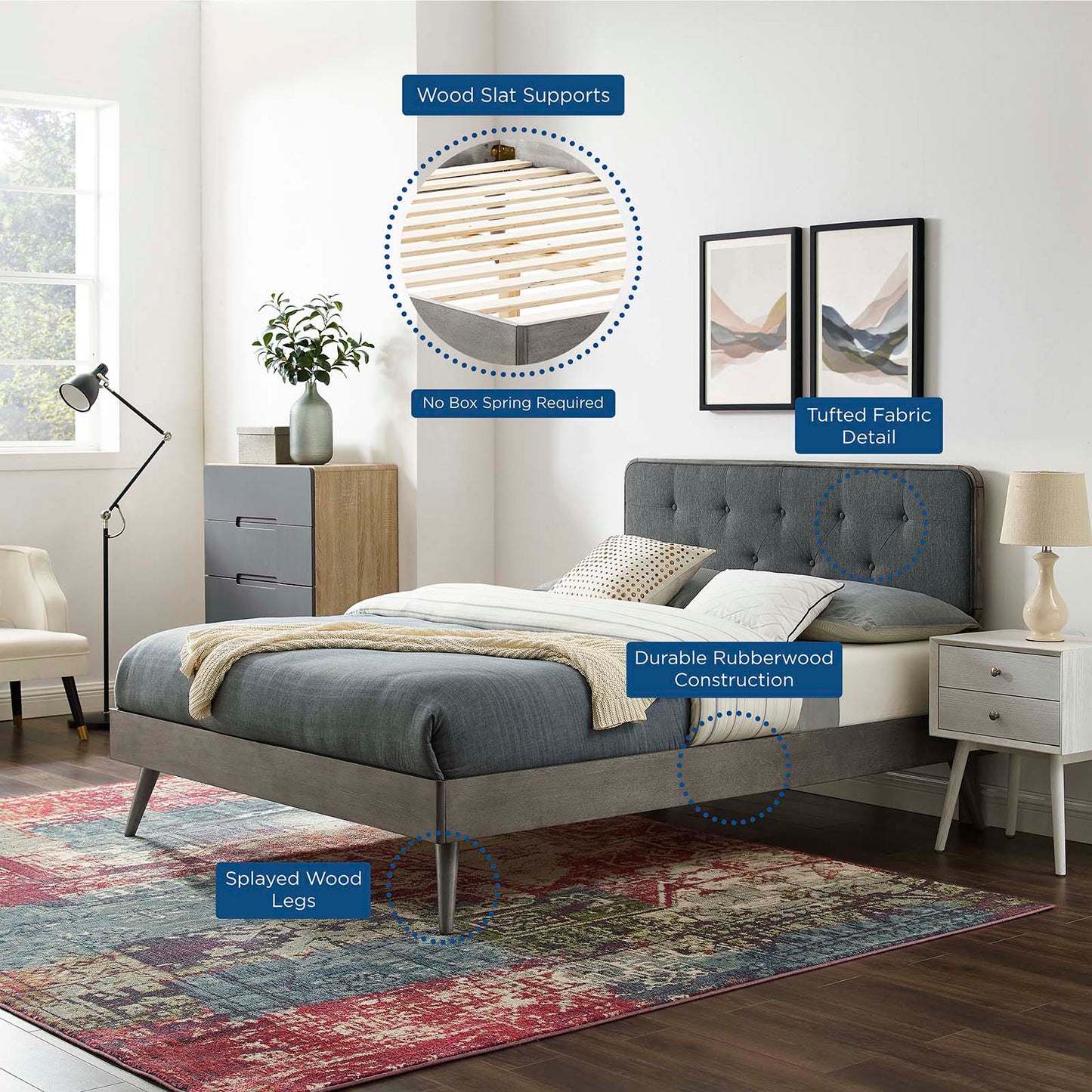 Bridgette Full Wood Platform Bed With Splayed Legs, Wood, Grey Gray, 22488