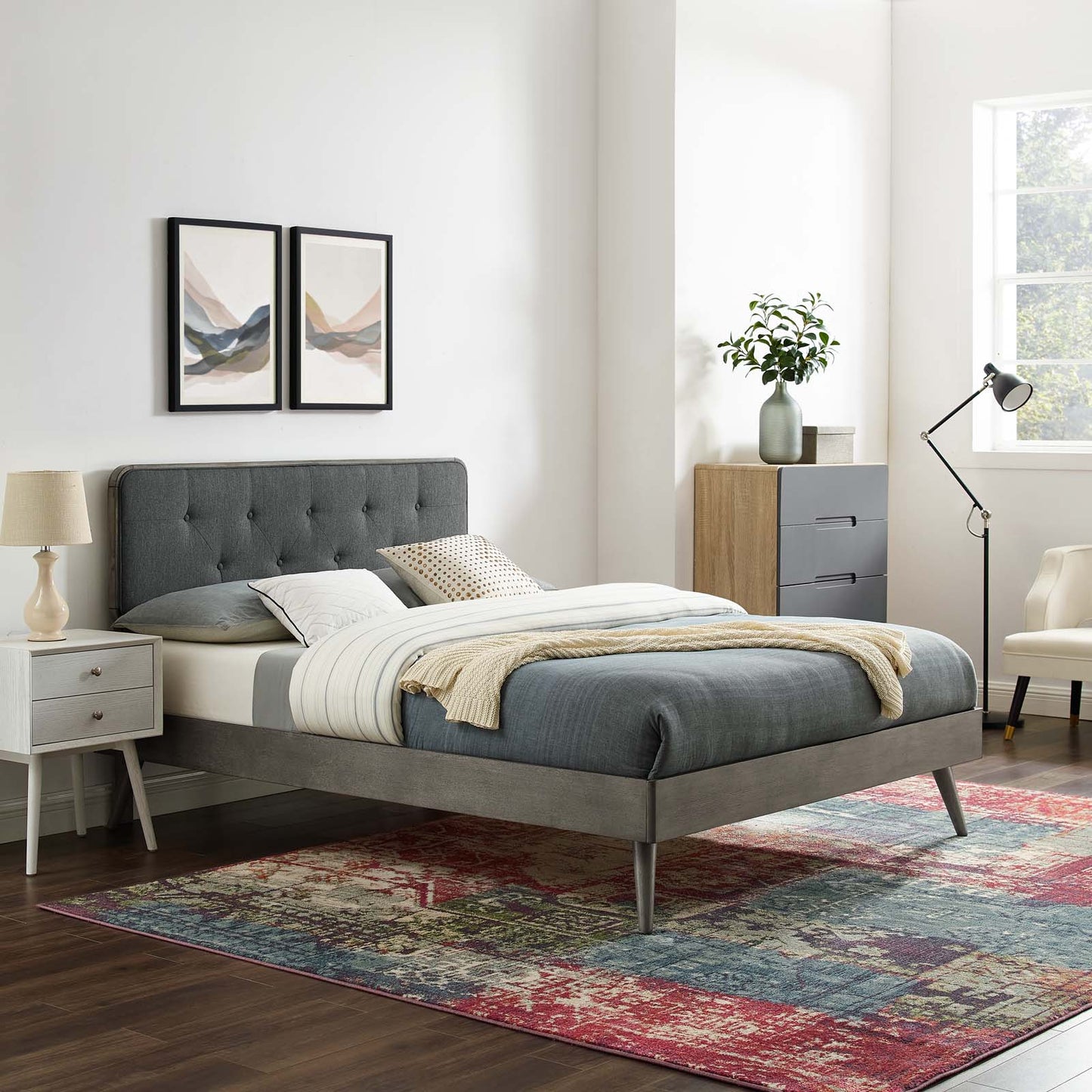Bridgette Full Wood Platform Bed With Splayed Legs, Wood, Grey Gray, 22488