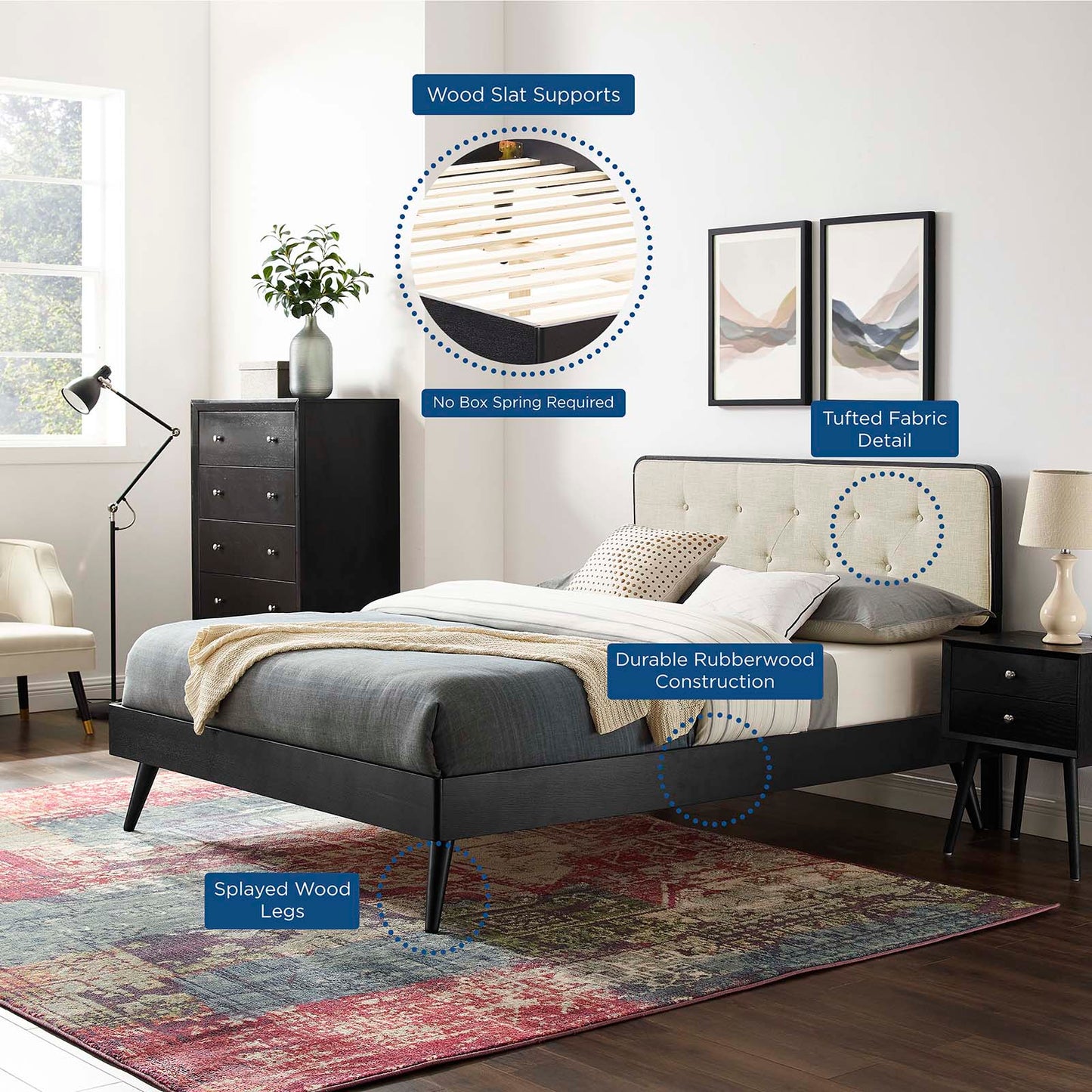 Bridgette King Wood Platform Bed With Splayed Legs, Wood, Black Beige, 22491