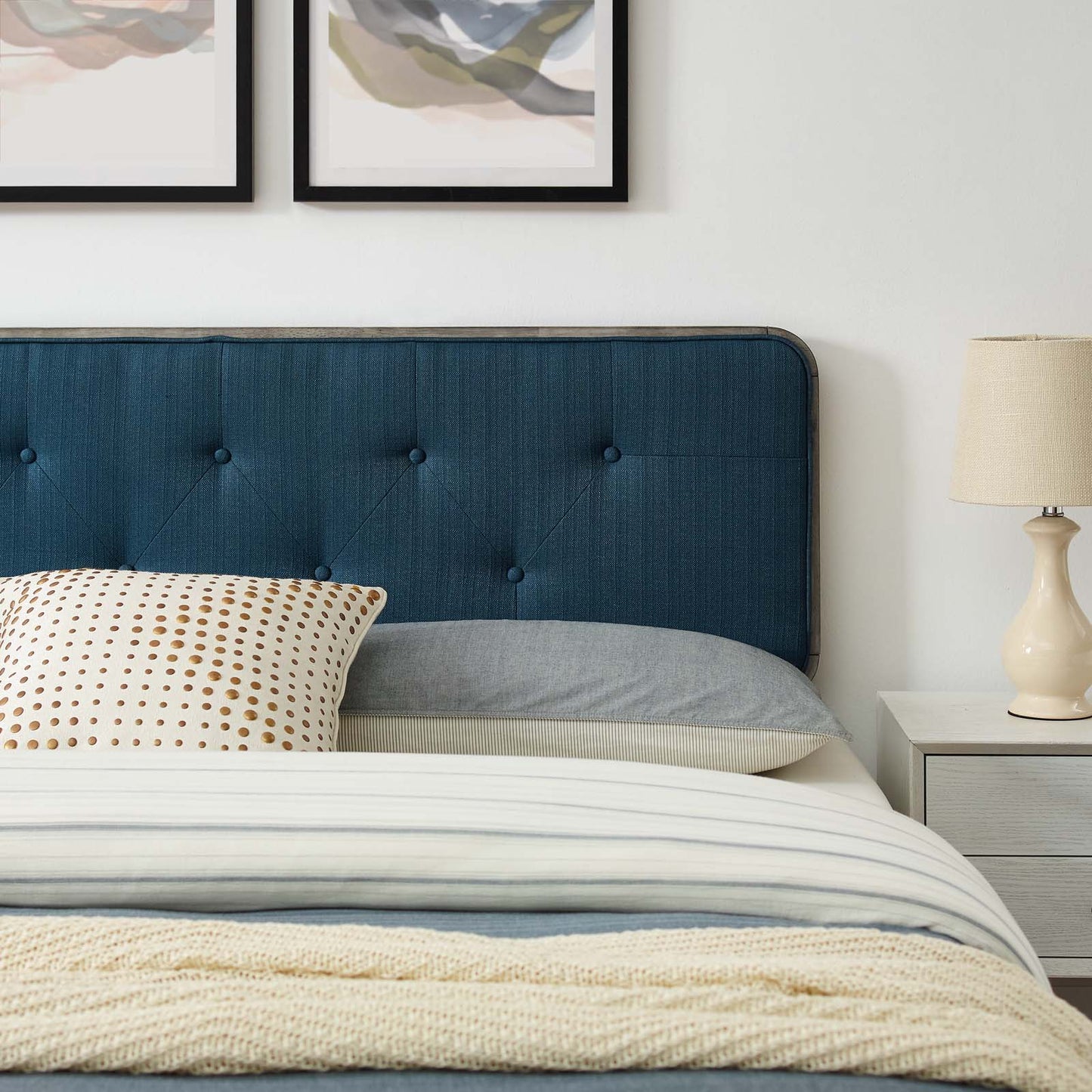 Bridgette King Wood Platform Bed With Splayed Legs, Wood, Grey Gray Navy Blue, 22493