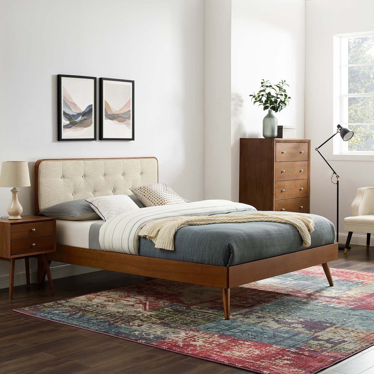 Bridgette King Wood Platform Bed With Splayed Legs, Wood, Brown Walnut Beige, 22495