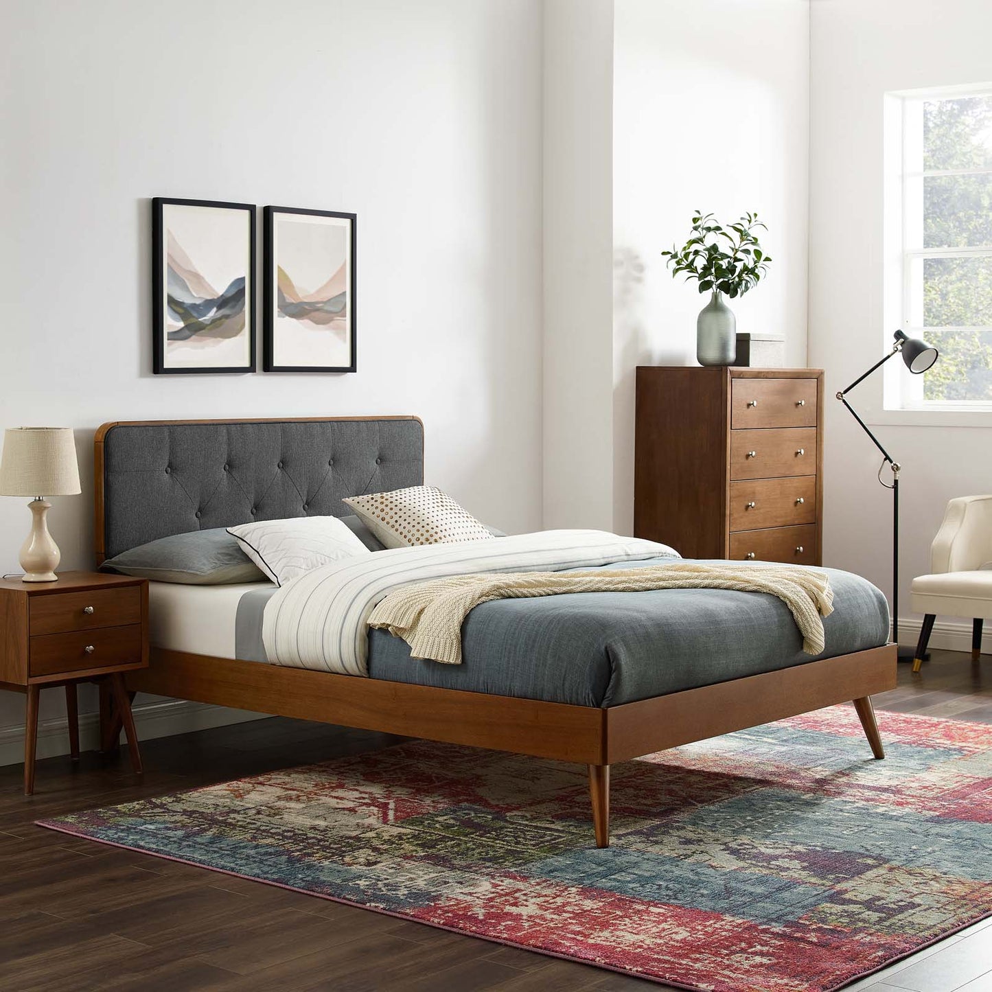 Bridgette King Wood Platform Bed With Splayed Legs, Wood, Brown Walnut Grey Gray, 22496
