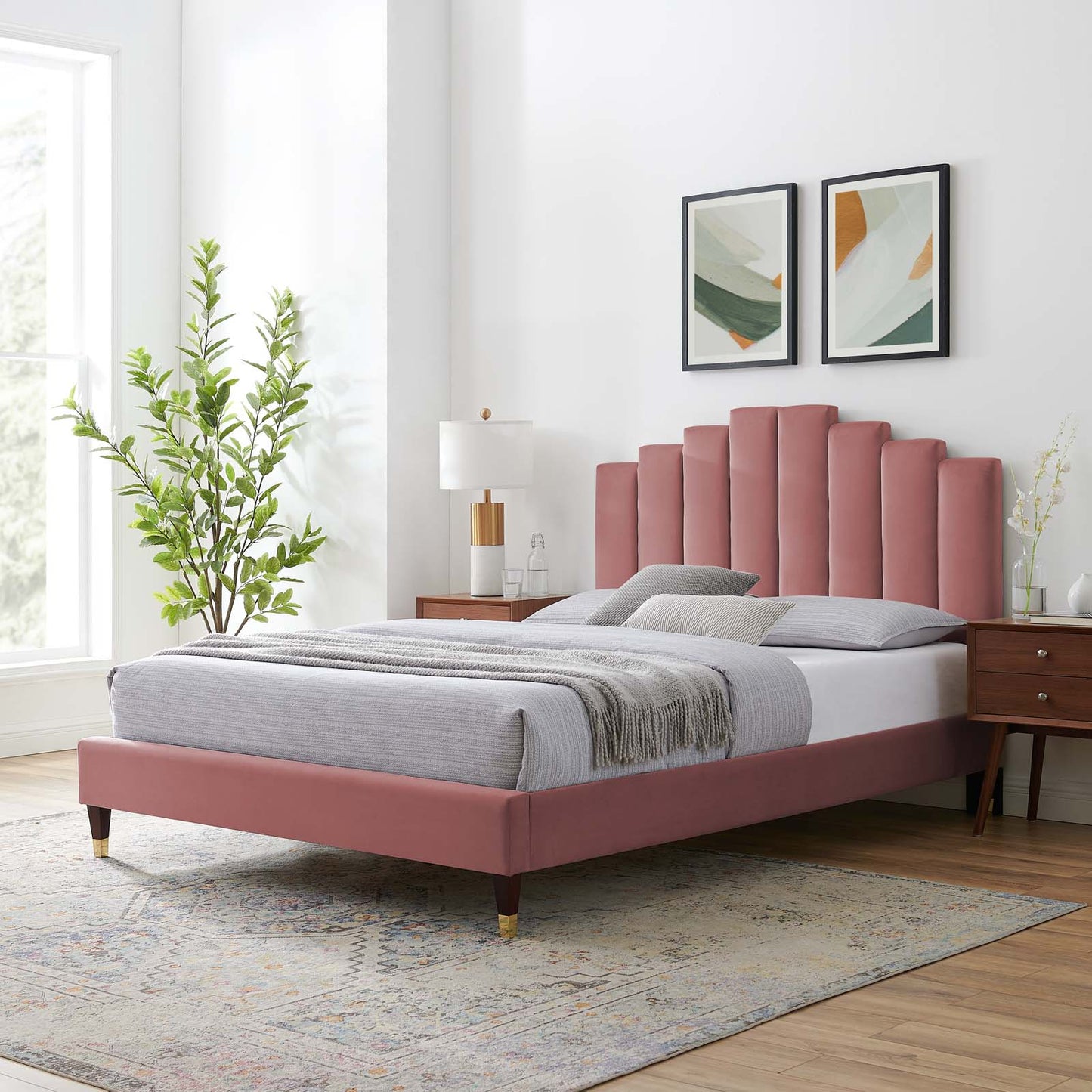 Elise Queen Performance Velvet Platform Bed, Velvet, Pink, 22504