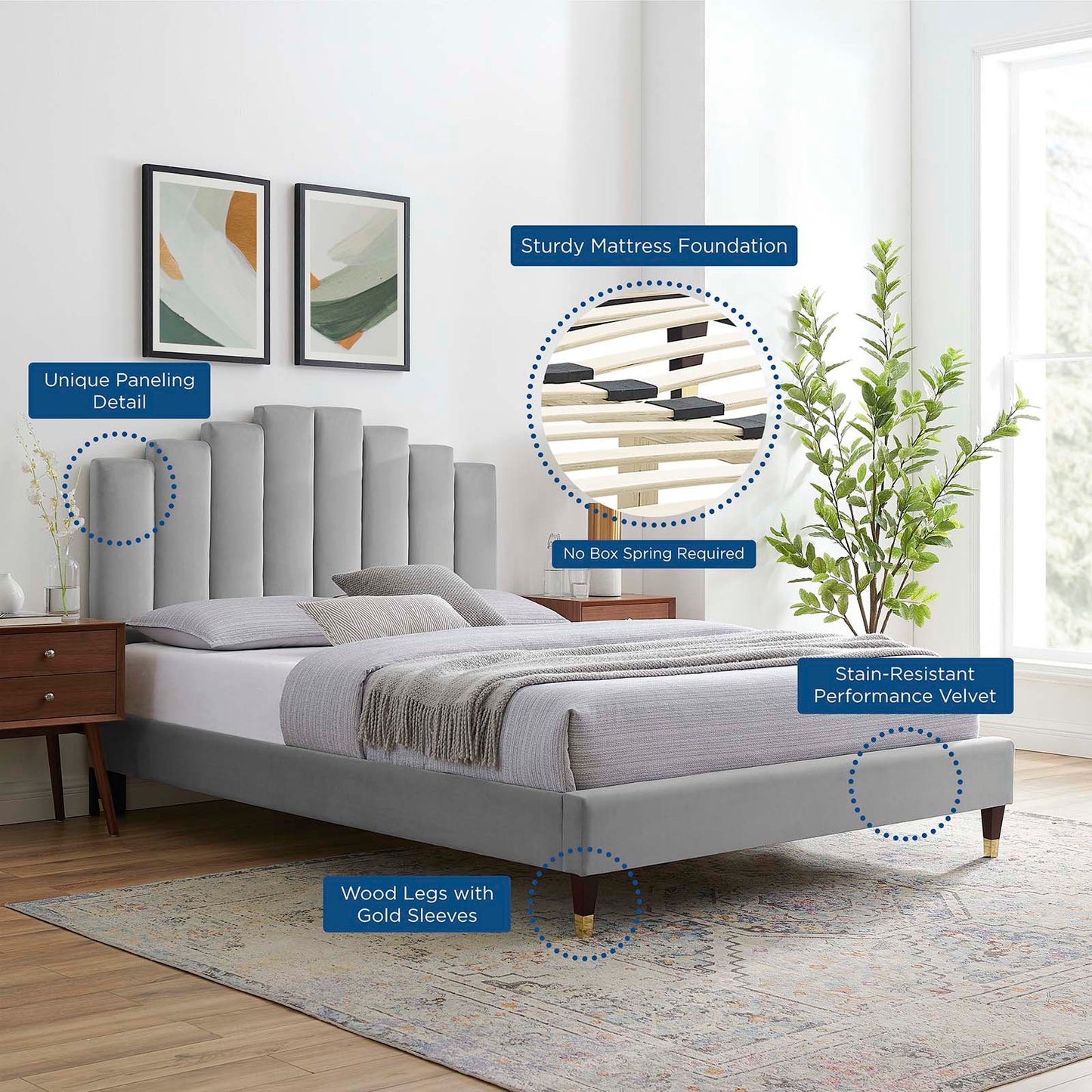 Elise Queen Performance Velvet Platform Bed, Velvet, Light Grey Gray, 22505