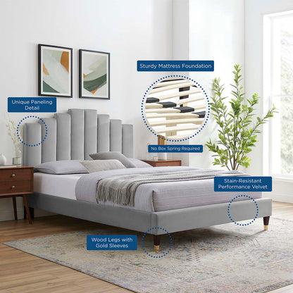 Elise Queen Performance Velvet Platform Bed, Velvet, Light Grey Gray, 22505