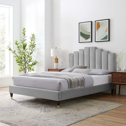 Elise Queen Performance Velvet Platform Bed, Velvet, Light Grey Gray, 22505