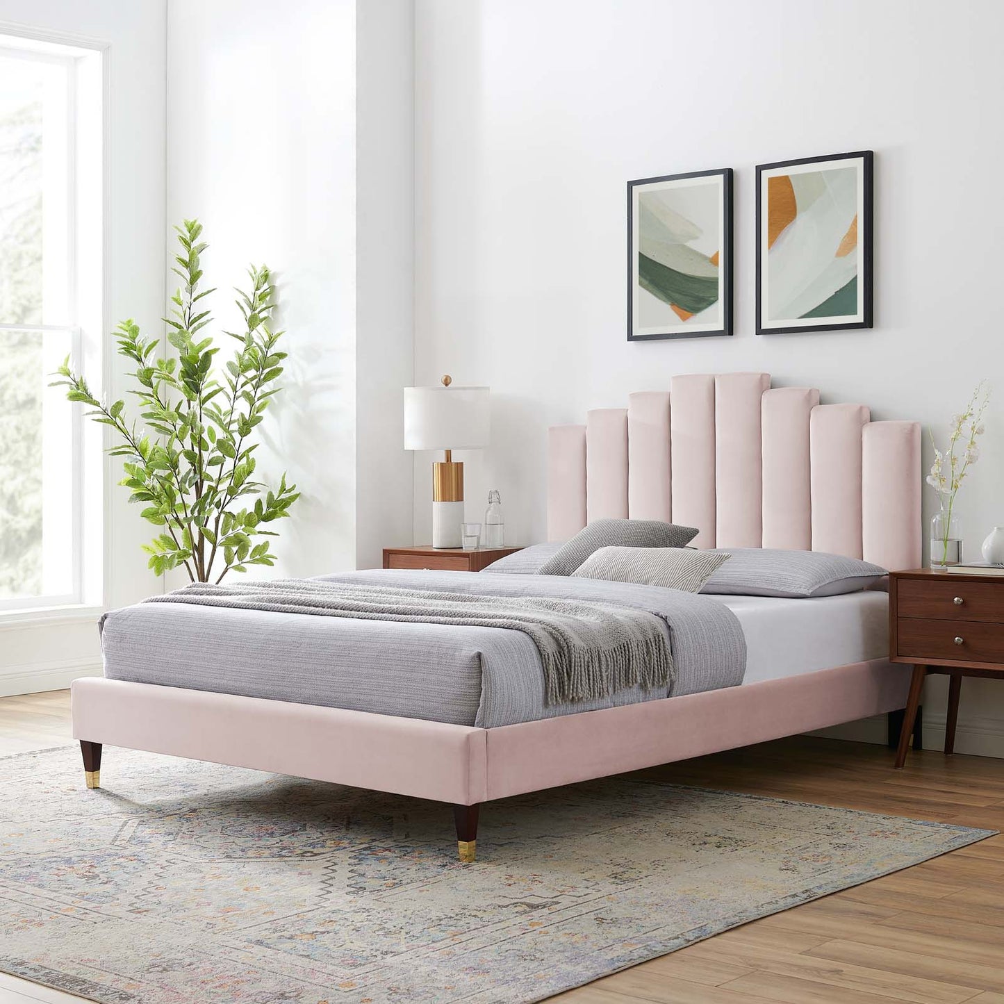 Elise Queen Performance Velvet Platform Bed, Velvet, Pink, 22508