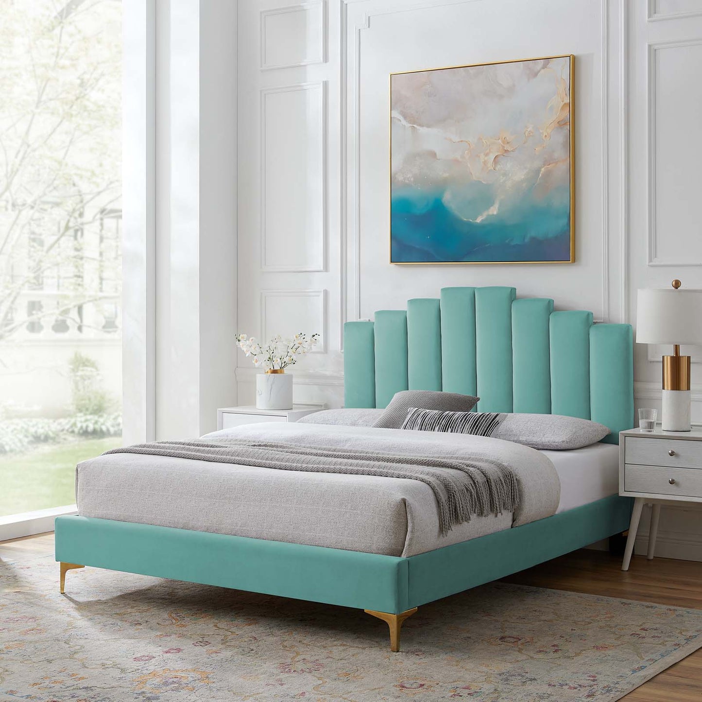 Elise Queen Performance Velvet Platform Bed, Velvet, Blue, 22522