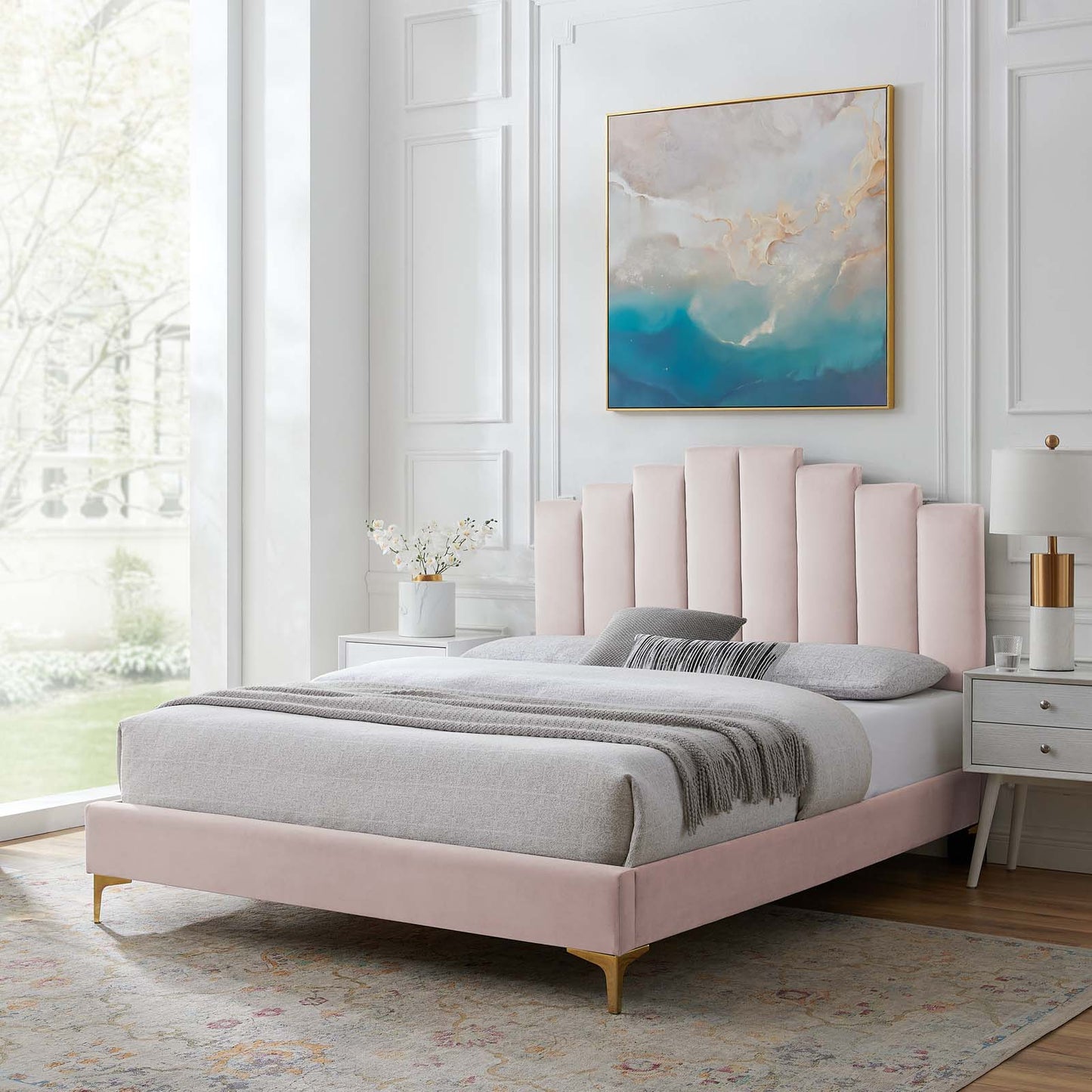 Elise Queen Performance Velvet Platform Bed, Velvet, Pink, 22524