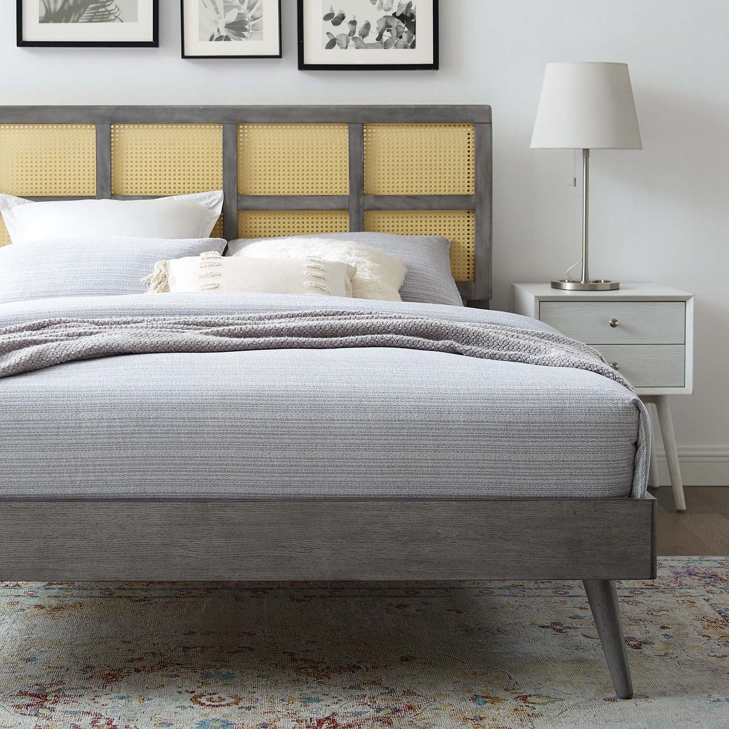 Sidney Cane and Wood King Platform Bed With Splayed Legs, Wood, Grey Gray, 22528