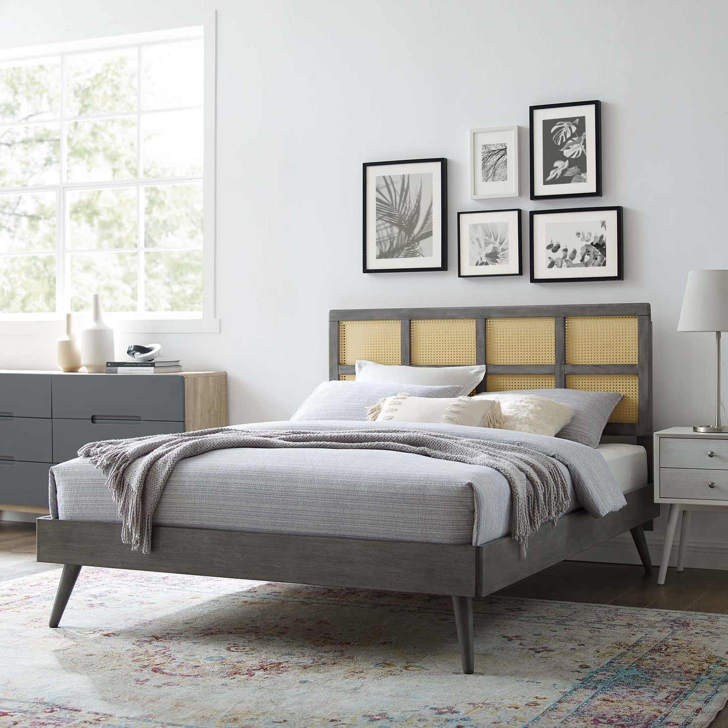 Sidney Cane and Wood King Platform Bed With Splayed Legs, Wood, Grey Gray, 22528