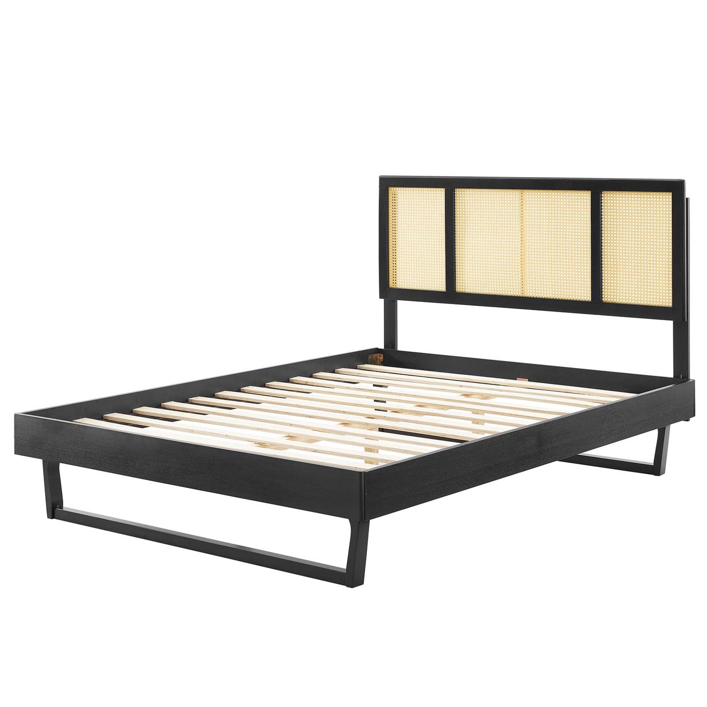 Kelsea Cane and Wood Full Platform Bed With Angular Legs, Wood, Black, 22530