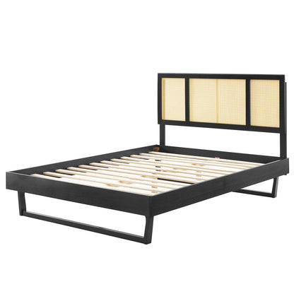 Kelsea Cane and Wood Full Platform Bed With Angular Legs, Wood, Black, 22530