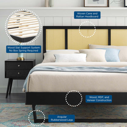 Kelsea Cane and Wood Full Platform Bed With Angular Legs, Wood, Black, 22530