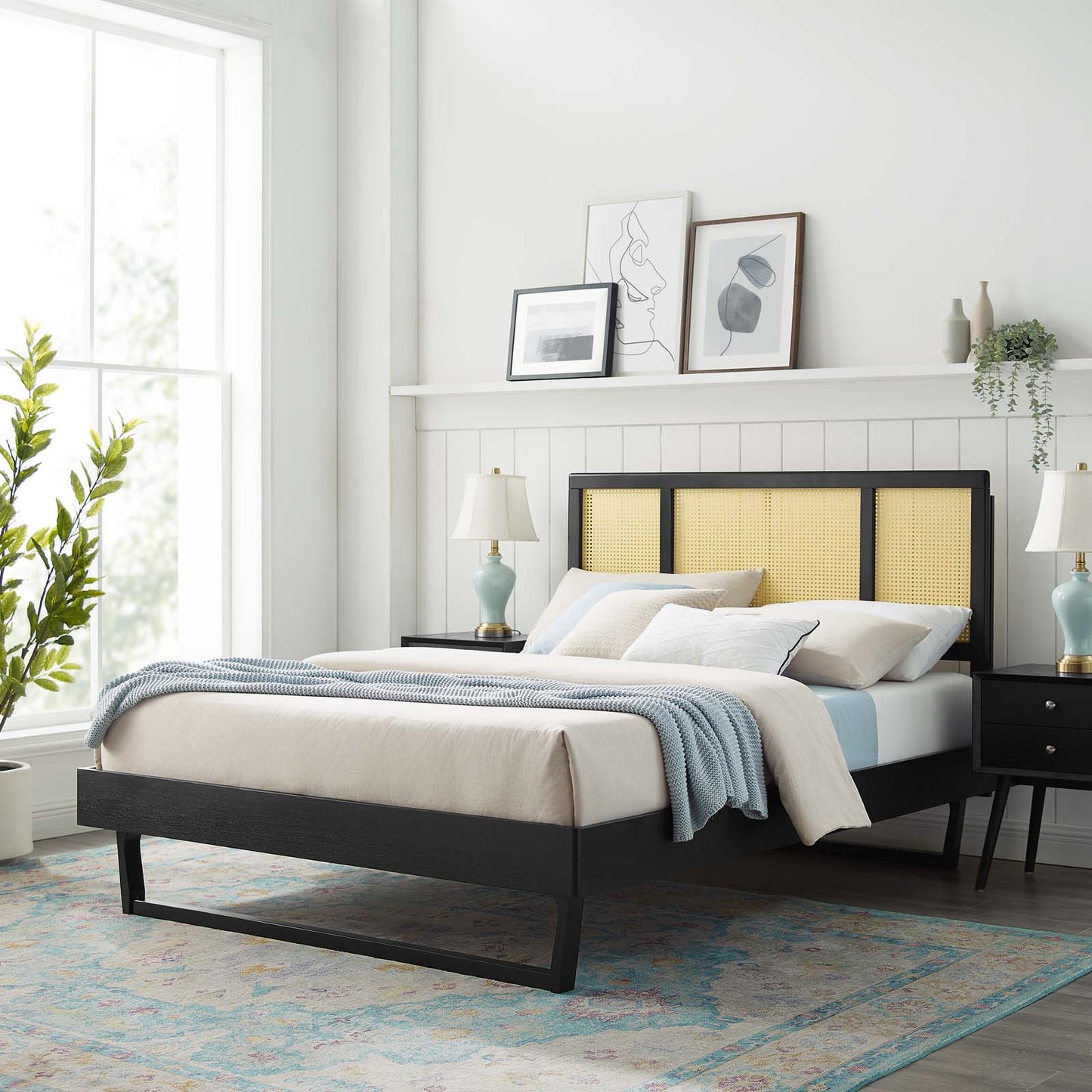 Kelsea Cane and Wood Full Platform Bed With Angular Legs, Wood, Black, 22530