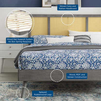 Kelsea Cane and Wood Full Platform Bed With Splayed Legs, Wood, Grey Gray, 22534