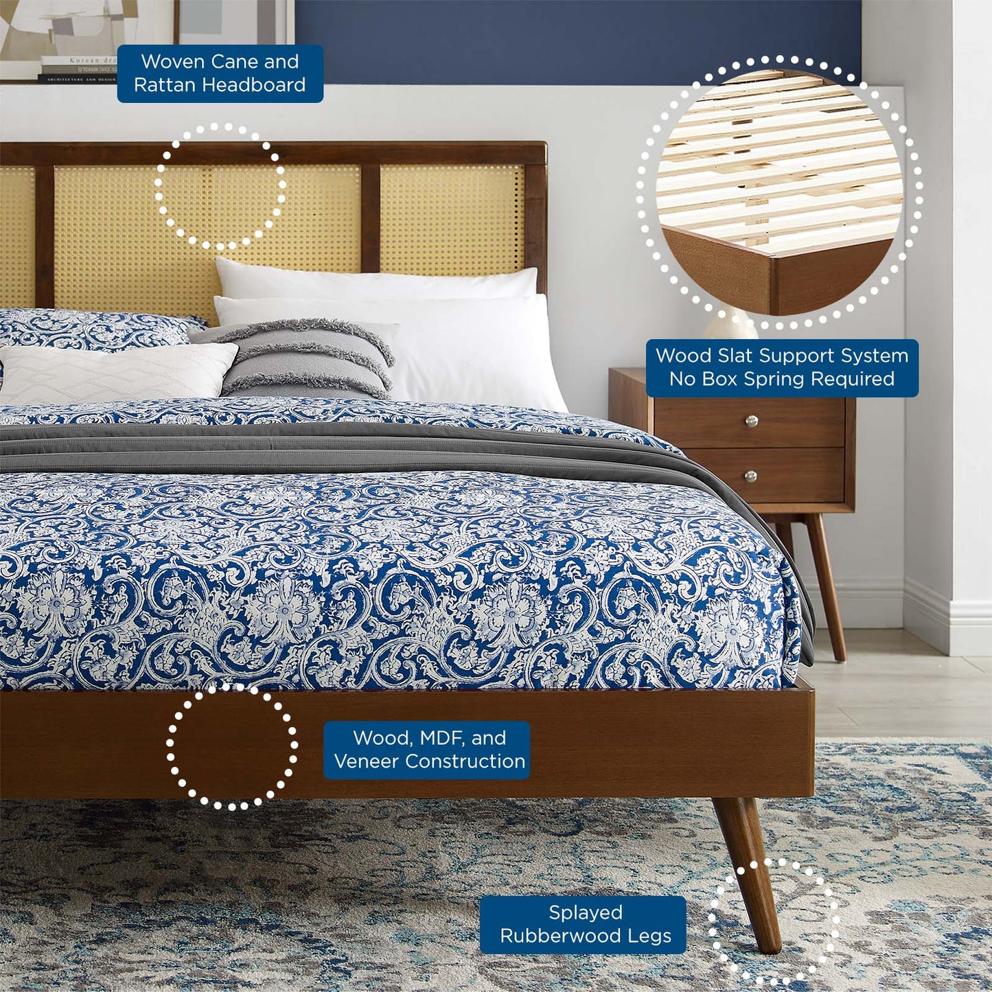 Kelsea Cane and Wood Full Platform Bed With Splayed Legs, Wood, Brown Walnut, 22535