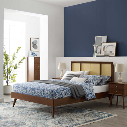 Kelsea Cane and Wood Full Platform Bed With Splayed Legs, Wood, Brown Walnut, 22535
