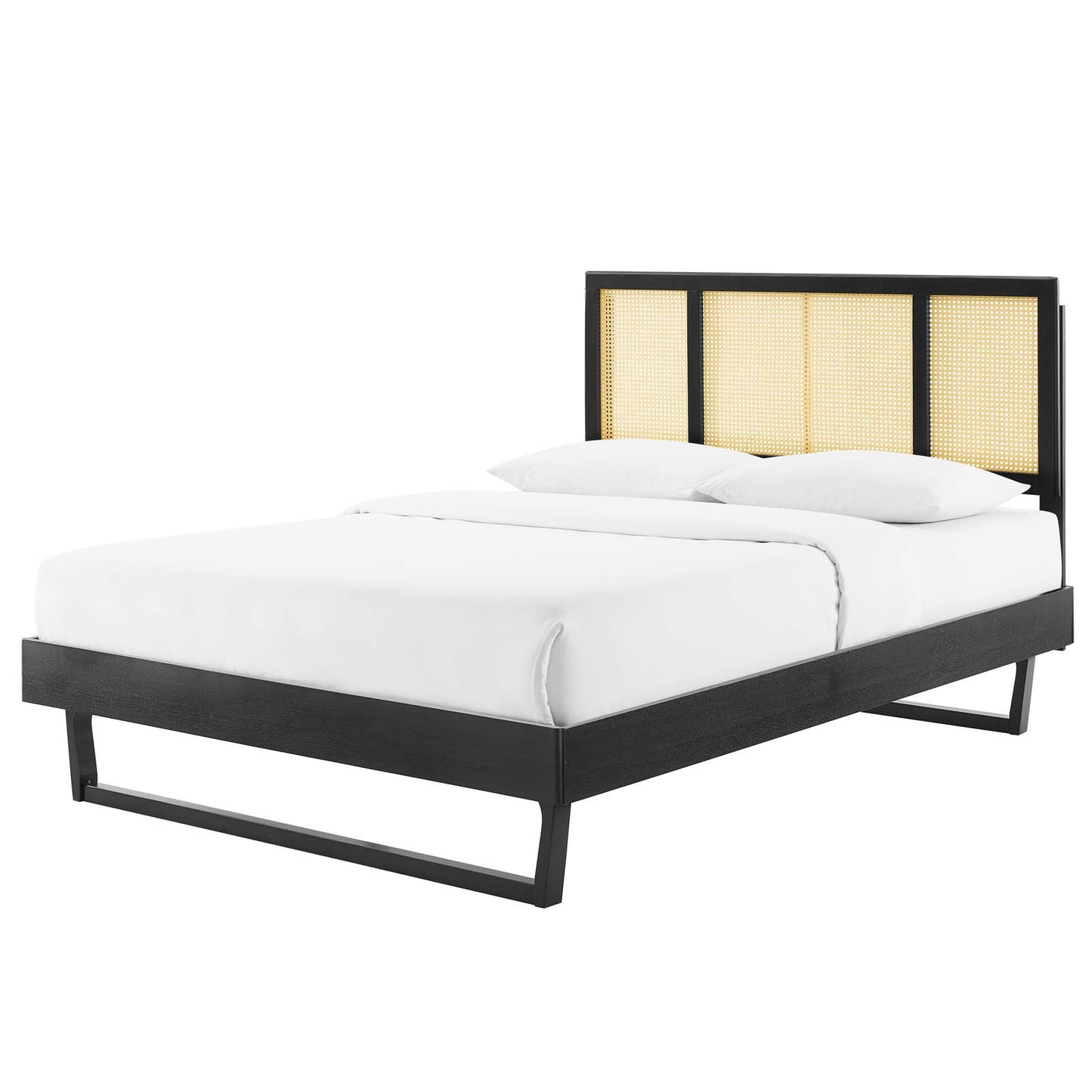 Kelsea Cane and Wood King Platform Bed With Angular Legs, Wood, Black, 22536