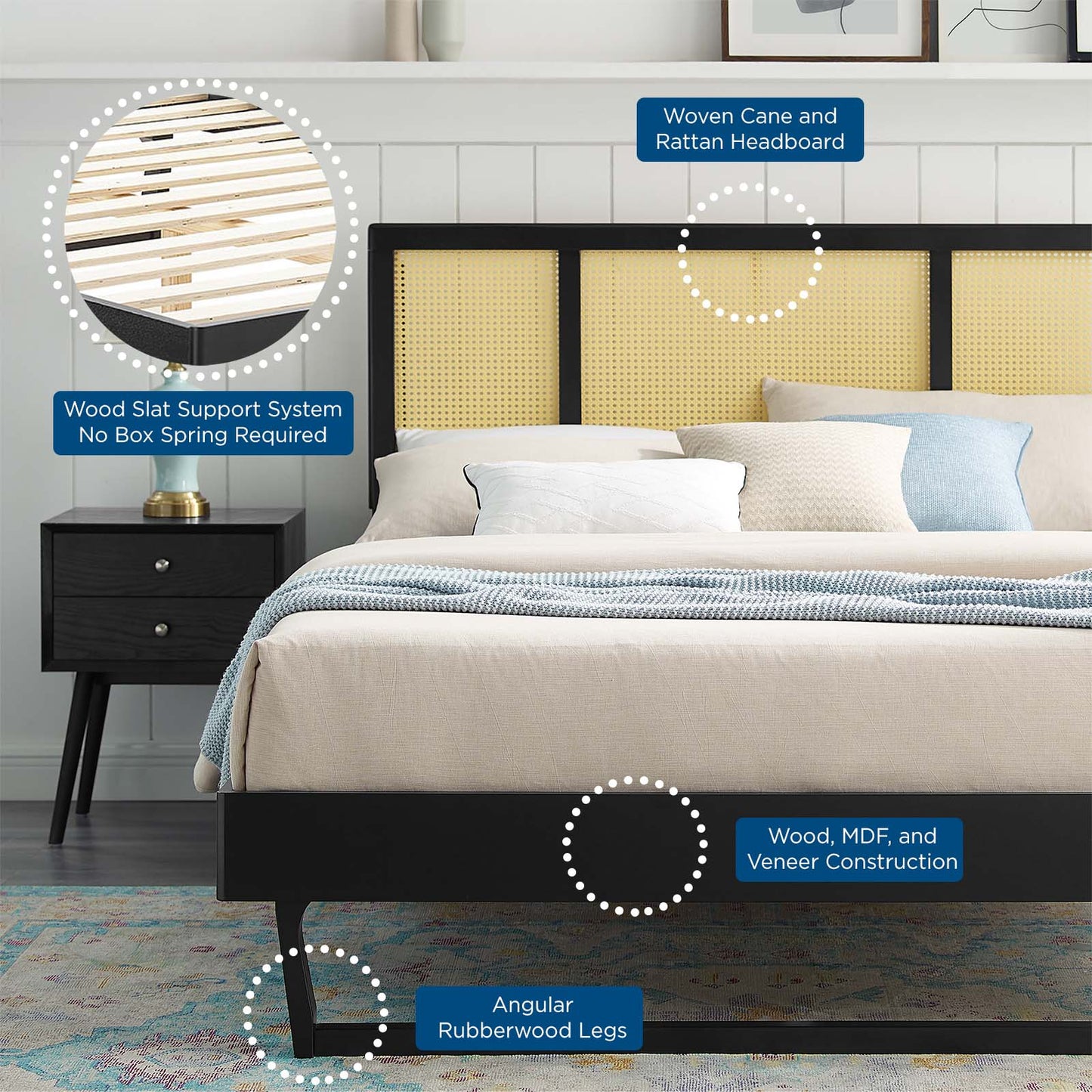 Kelsea Cane and Wood King Platform Bed With Angular Legs, Wood, Black, 22536