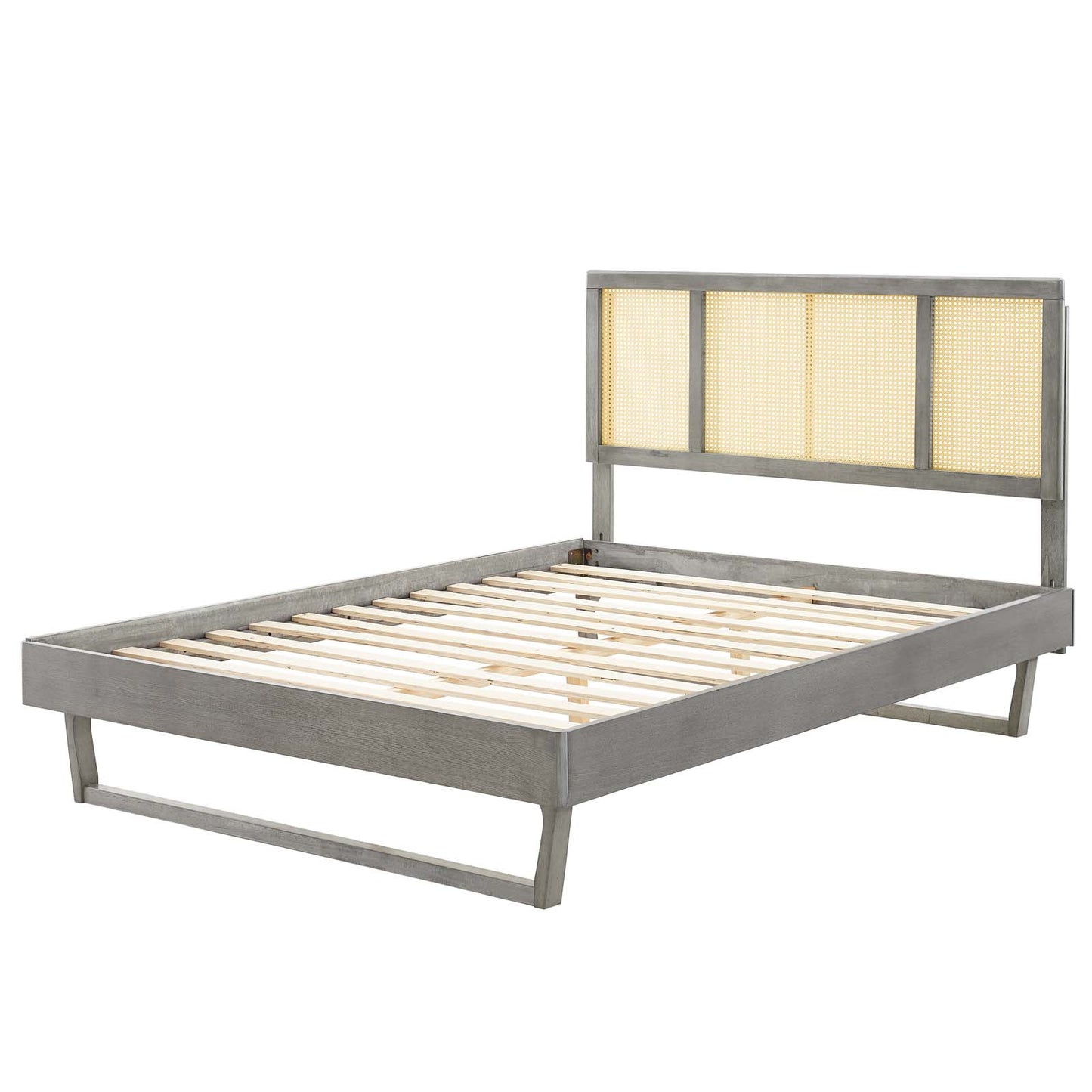 Kelsea Cane and Wood King Platform Bed With Angular Legs, Wood, Grey Gray, 22537