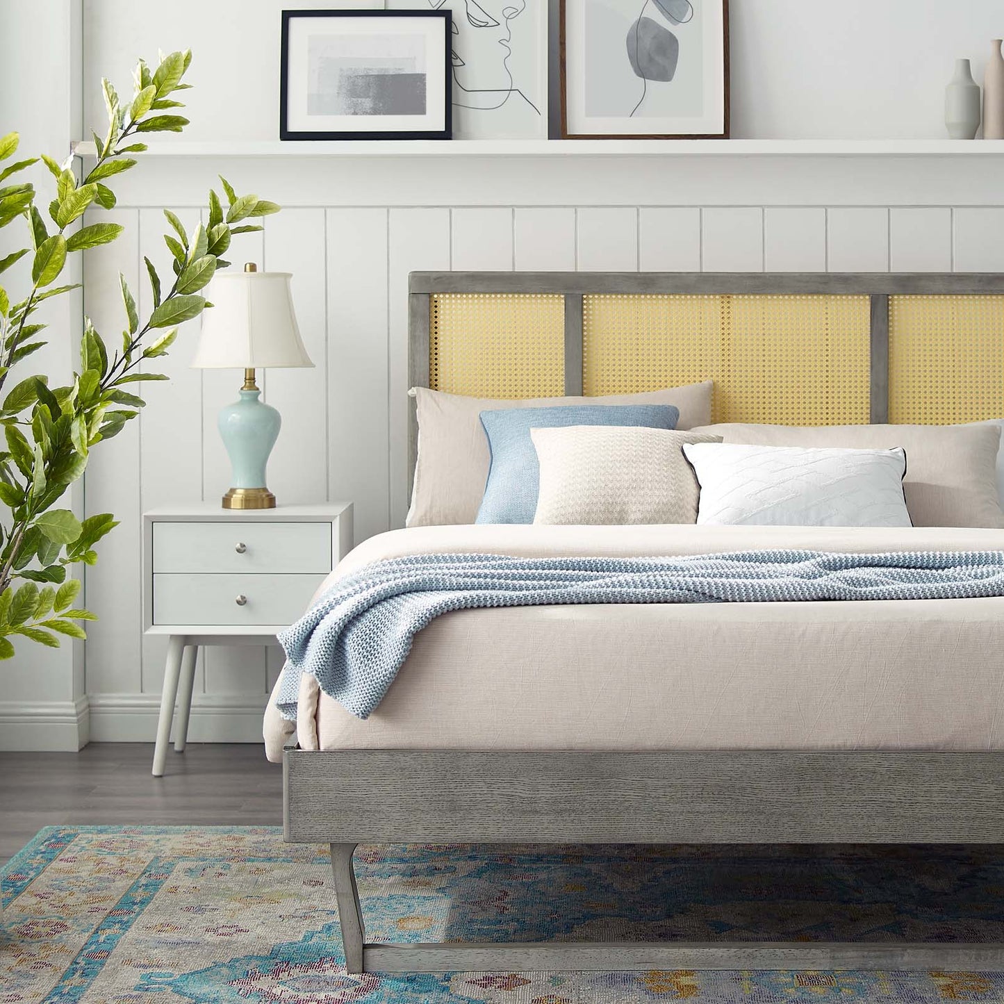 Kelsea Cane and Wood King Platform Bed With Angular Legs, Wood, Grey Gray, 22537