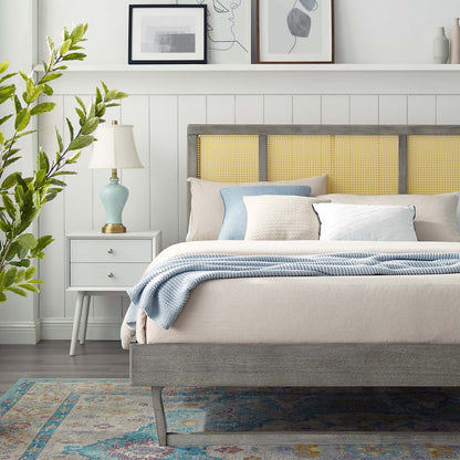 Kelsea Cane and Wood King Platform Bed With Angular Legs, Wood, Grey Gray, 22537