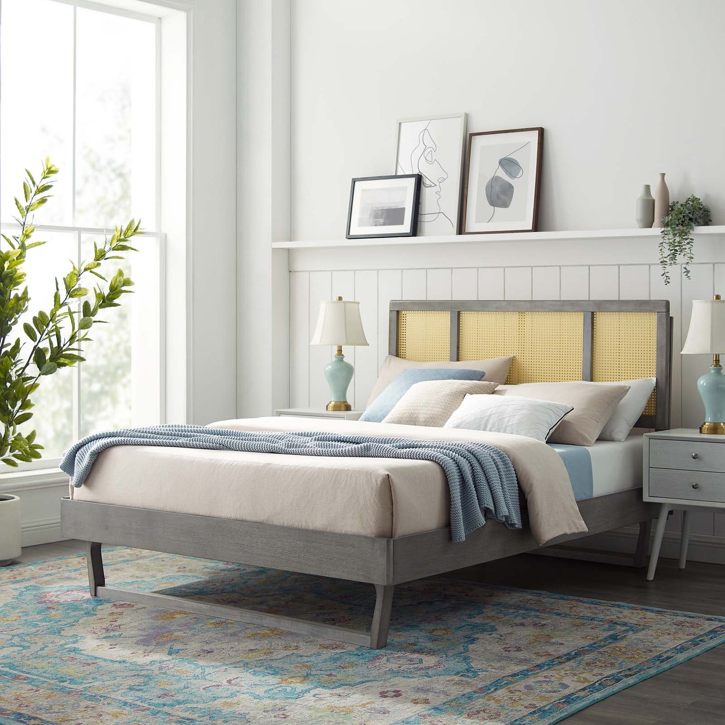 Kelsea Cane and Wood King Platform Bed With Angular Legs, Wood, Grey Gray, 22537