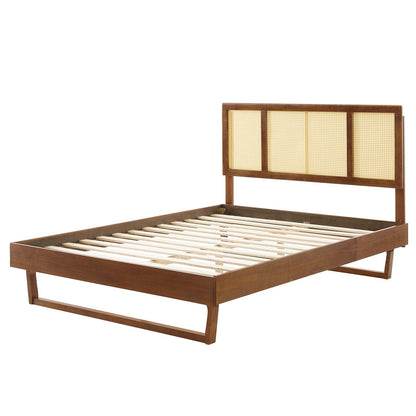 Kelsea Cane and Wood King Platform Bed With Angular Legs, Wood, Brown Walnut, 22538