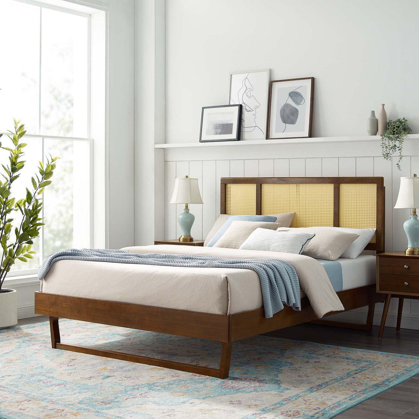 Kelsea Cane and Wood King Platform Bed With Angular Legs, Wood, Brown Walnut, 22538