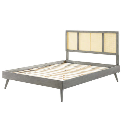 Kelsea Cane and Wood King Platform Bed With Splayed Legs, Wood, Grey Gray, 22540