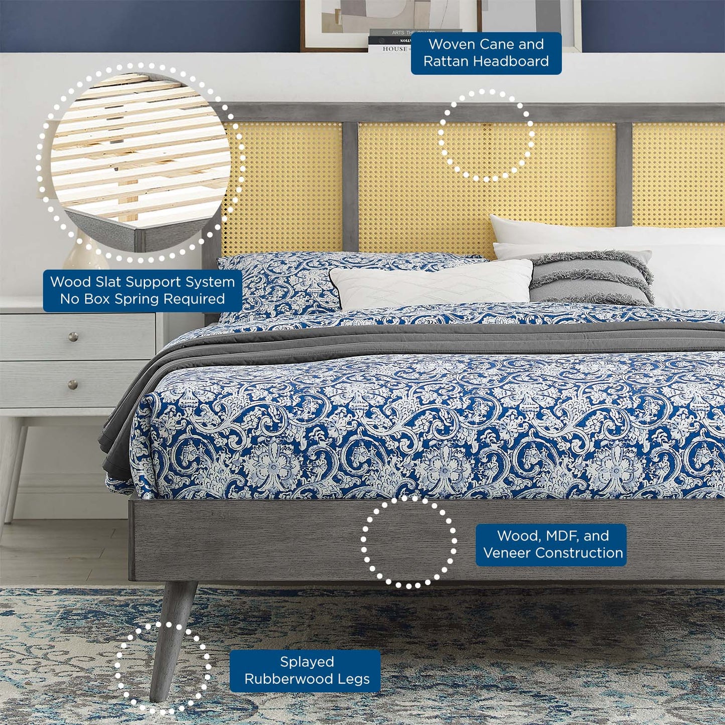 Kelsea Cane and Wood King Platform Bed With Splayed Legs, Wood, Grey Gray, 22540