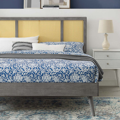 Kelsea Cane and Wood King Platform Bed With Splayed Legs, Wood, Grey Gray, 22540