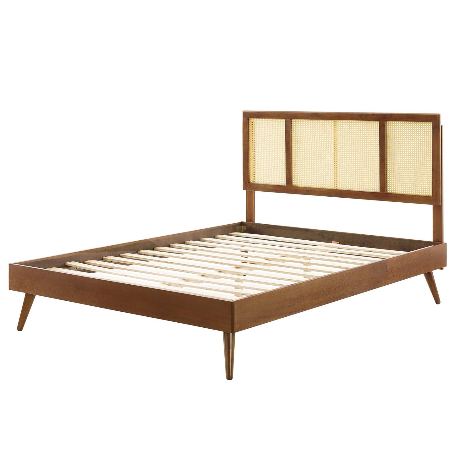 Kelsea Cane and Wood King Platform Bed With Splayed Legs, Wood, Brown Walnut, 22541