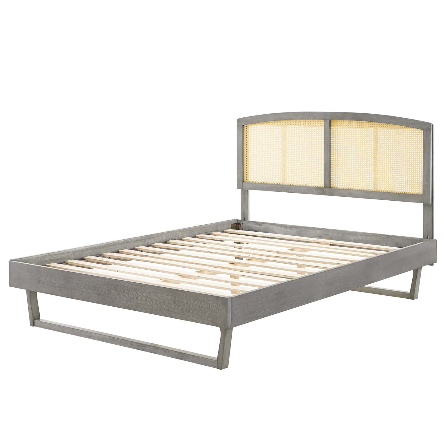 Sierra Cane and Wood Full Platform Bed With Angular Legs, Wood, Grey Gray, 22543