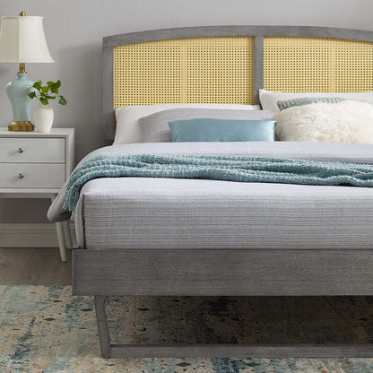 Sierra Cane and Wood Full Platform Bed With Angular Legs, Wood, Grey Gray, 22543
