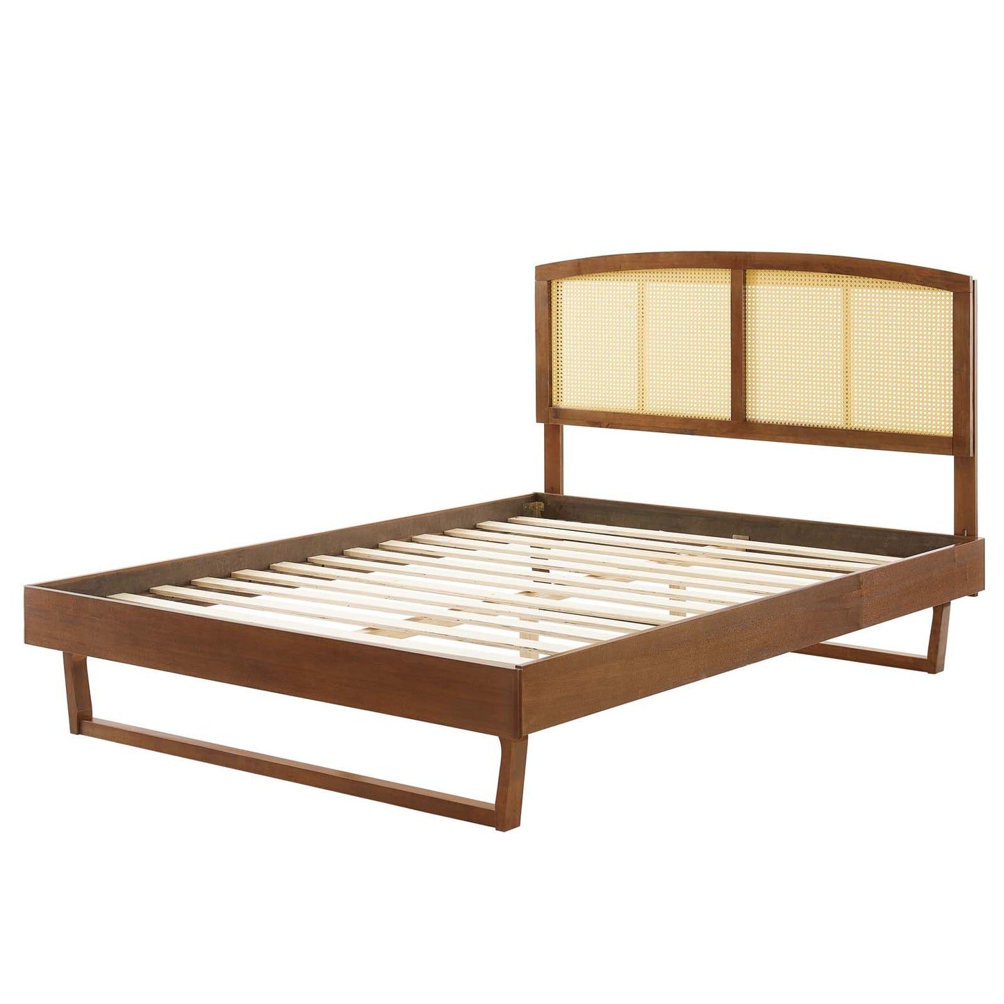 Sierra Cane and Wood Full Platform Bed With Angular Legs, Wood, Brown Walnut, 22544
