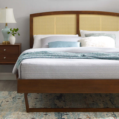 Sierra Cane and Wood Full Platform Bed With Angular Legs, Wood, Brown Walnut, 22544