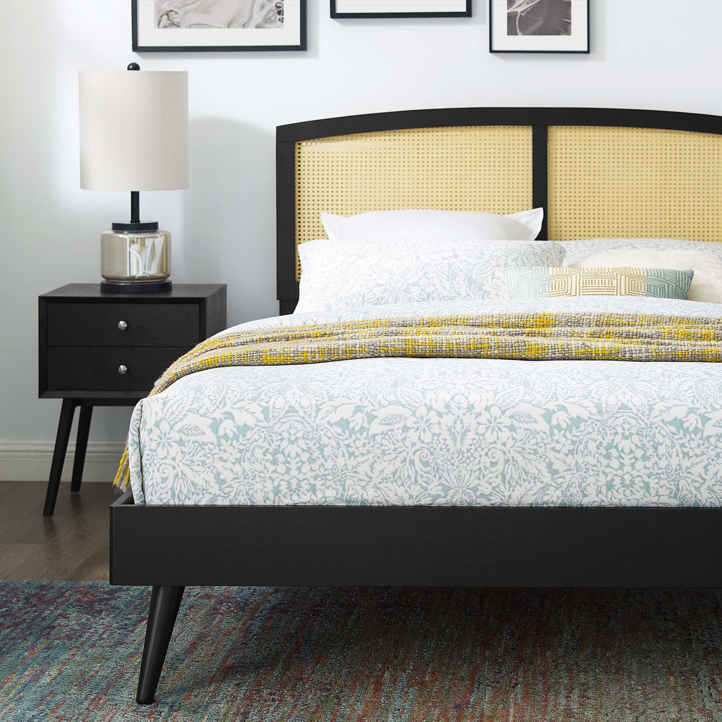 Sierra Cane and Wood Full Platform Bed With Splayed Legs, Wood, Black, 22545